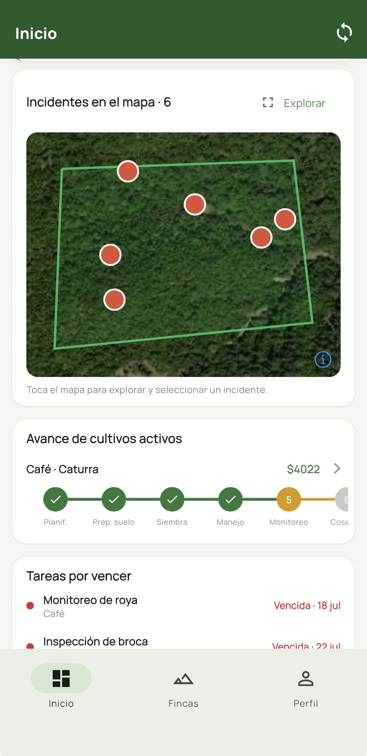 App móvil: mapa de incidentes del lote
