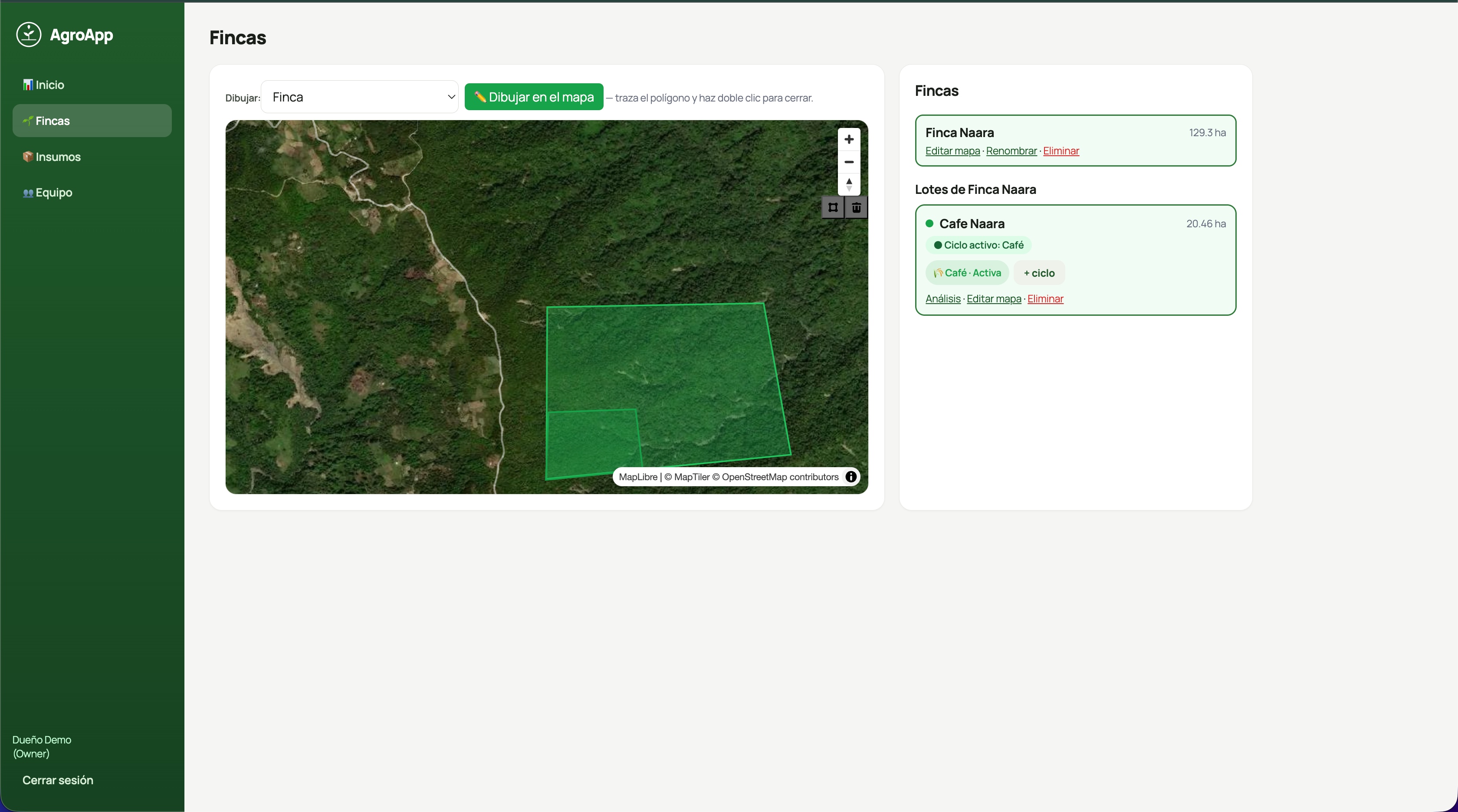 Fincas y lotes dibujados sobre el mapa